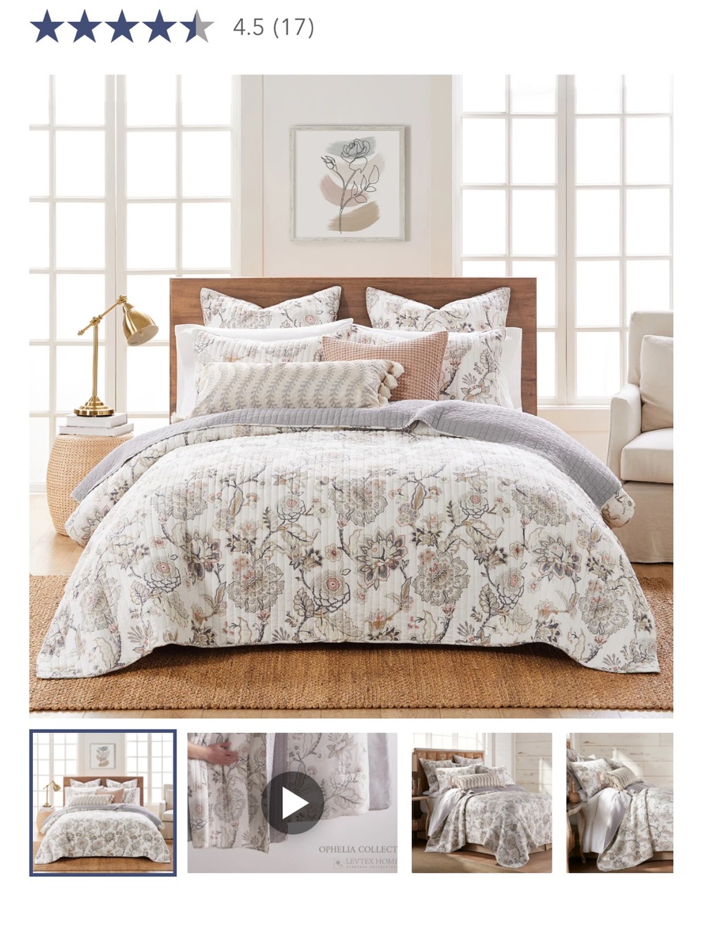 Ophelia Floral Quilt Set in Cream and Gray - Home Bedding